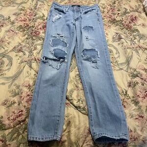 AERO Women Light Wash Distressed Boyfriend Jeans Size 00 Ripped Light Blue Denim